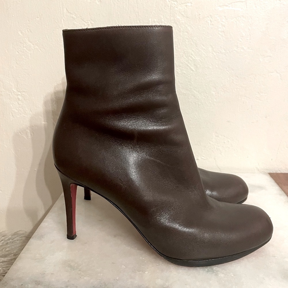 Christian Louboutin Brown Leather Ankle Booties with Red Soles
